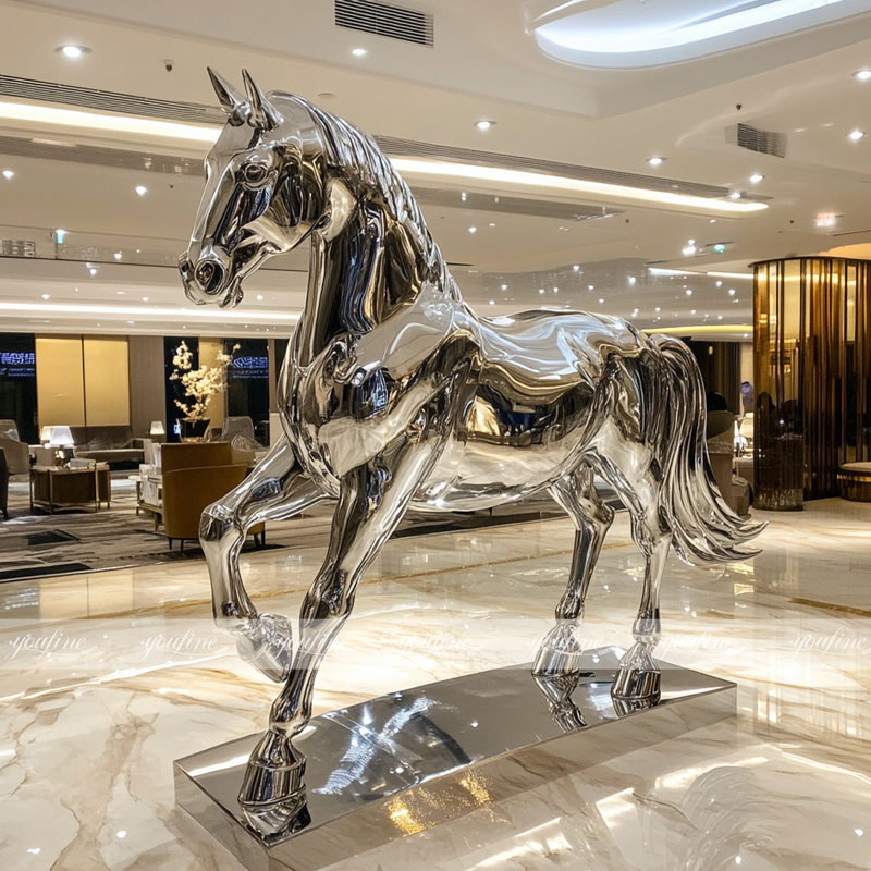 high polished modern steel horse sculpture