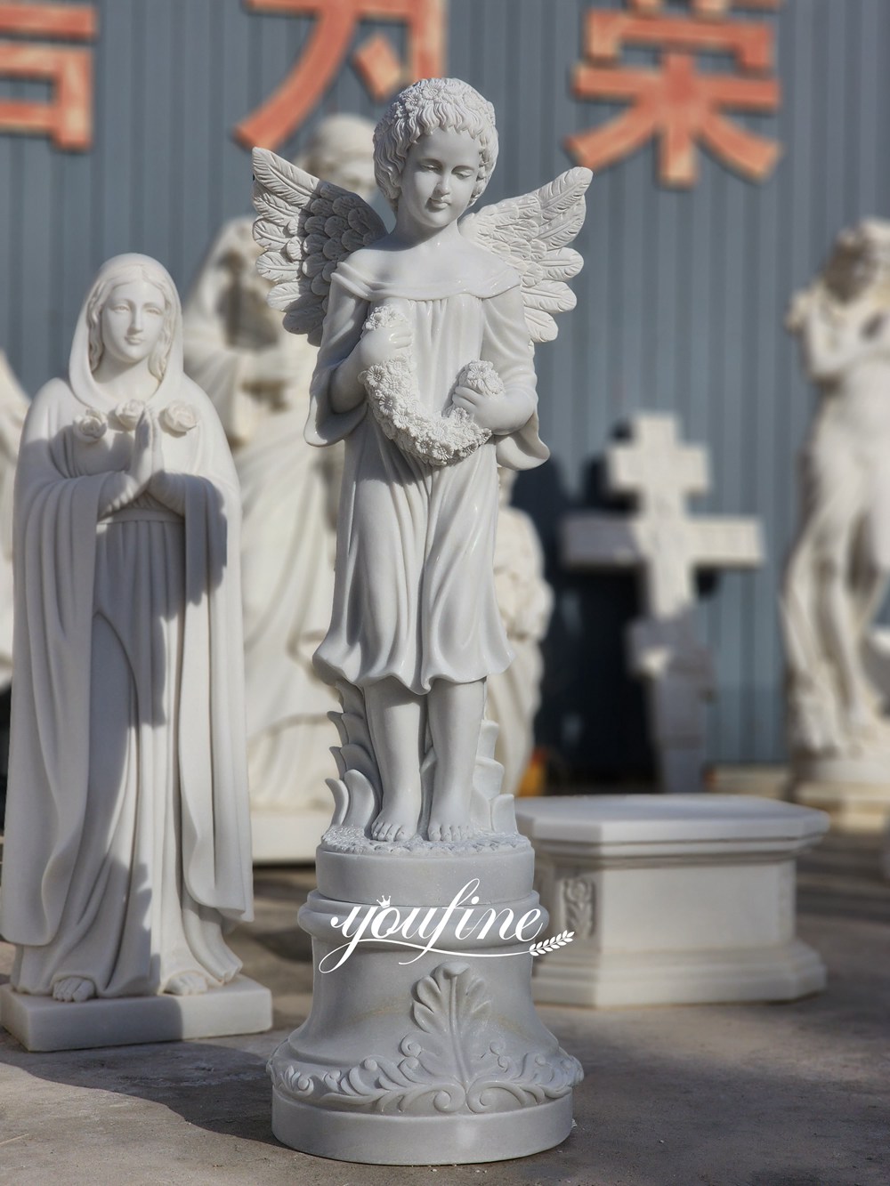 marble Cherub Angel Statue Holding Garland