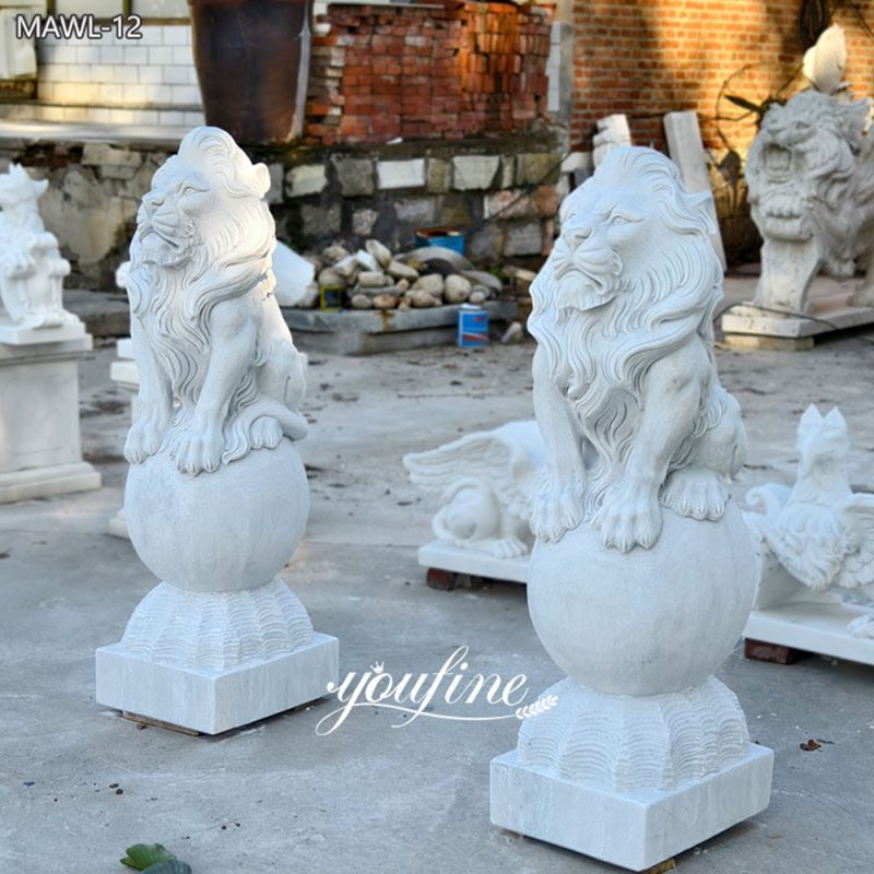 marble Pair of Sitting Lion Statues on Ball