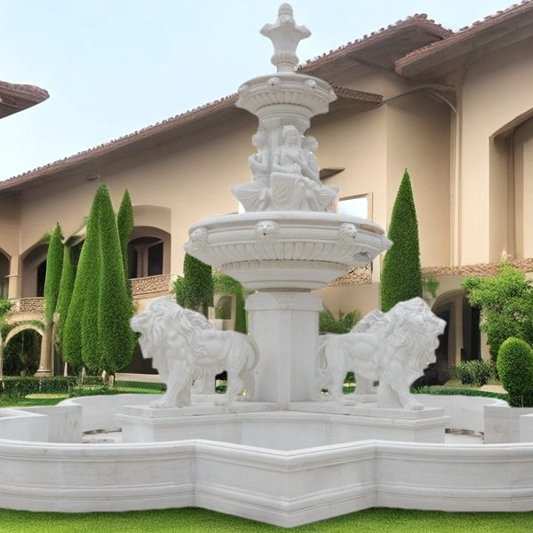 Large Animal Outdoor White Marble Lion Fountain for Sale