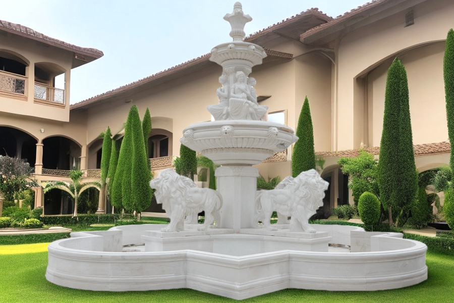 Animal Outdoor White Marble Lion Fountain MFAF-02