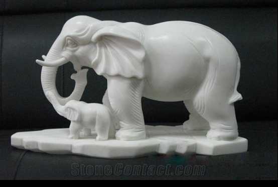 Hand Carved Natural Stone White Marble Mother and Child Elephant Sculpture MOKK-324