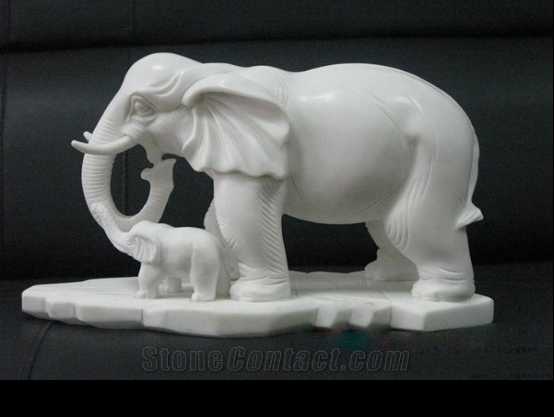 Hand Carved Natural Stone White Marble Mother and Child Elephant Sculpture MOKK-324