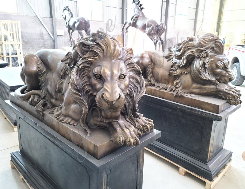 vintage bronze lying lion statue for sale