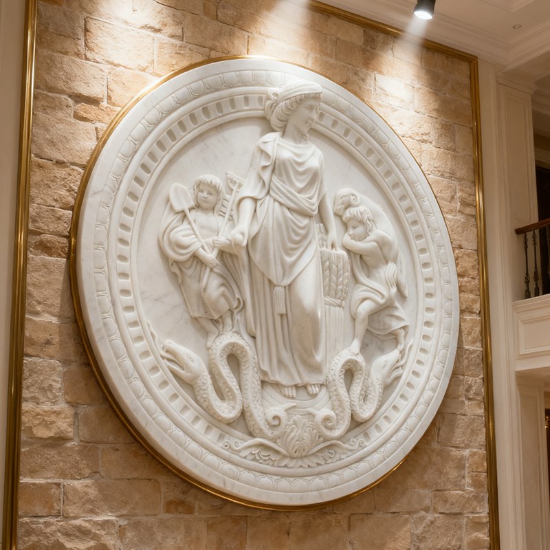 LARGE white Marble Art Mother and Children Relief