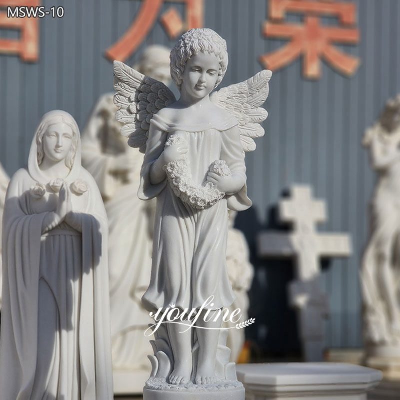 white marble Cherub Angel Statue Holding Garland