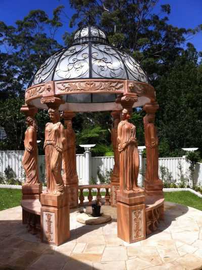 Sunset red marble gazebo with woman statue column for Australian clients