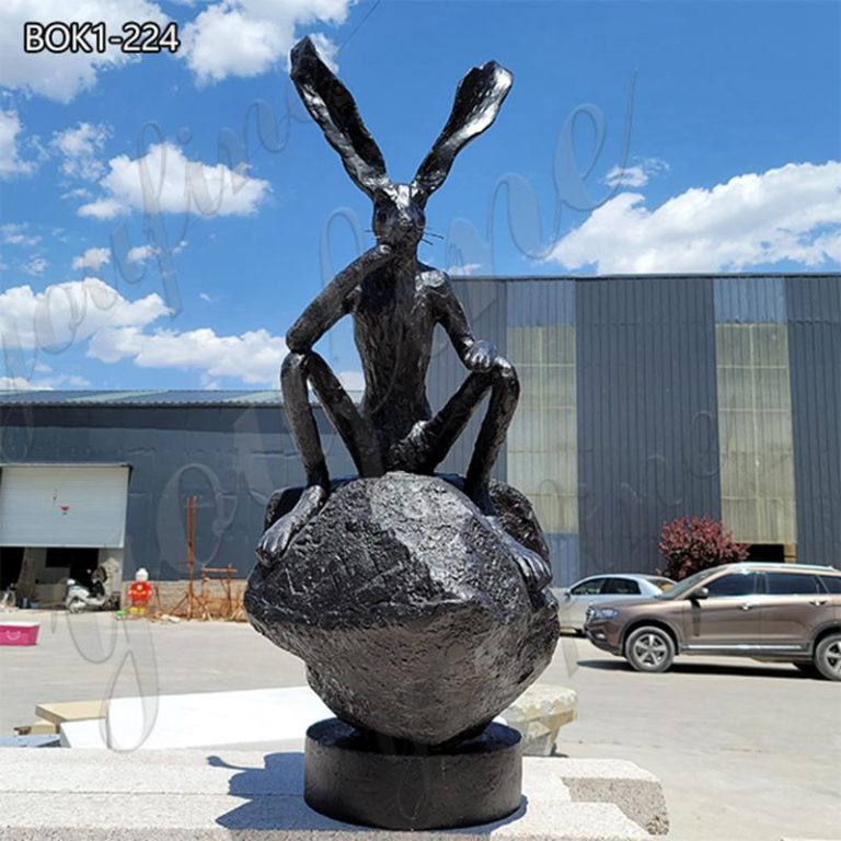 Large Bronze Rabbit Statue Thinker on a Rock Garden Decoration for Sale