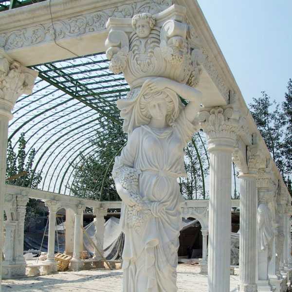 Grand classical greek style white marble pavilion gazebo with elegant woman statues for wedding ceremony decoration