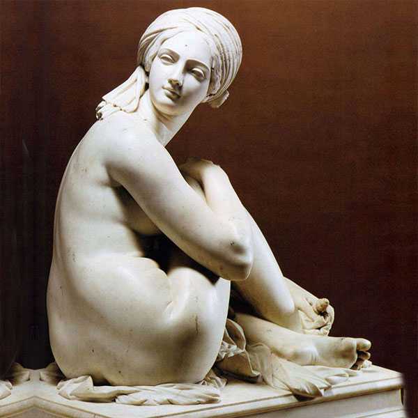 Levensgrote, beroemde, met de hand gesneden marmeren kunstfiguur Odalisque-replica van James Pradier te koop
