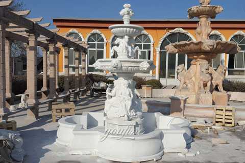 Large outdoor pure white tiered water horse fountains with sitting woman statue for yard decor–MOKK-02