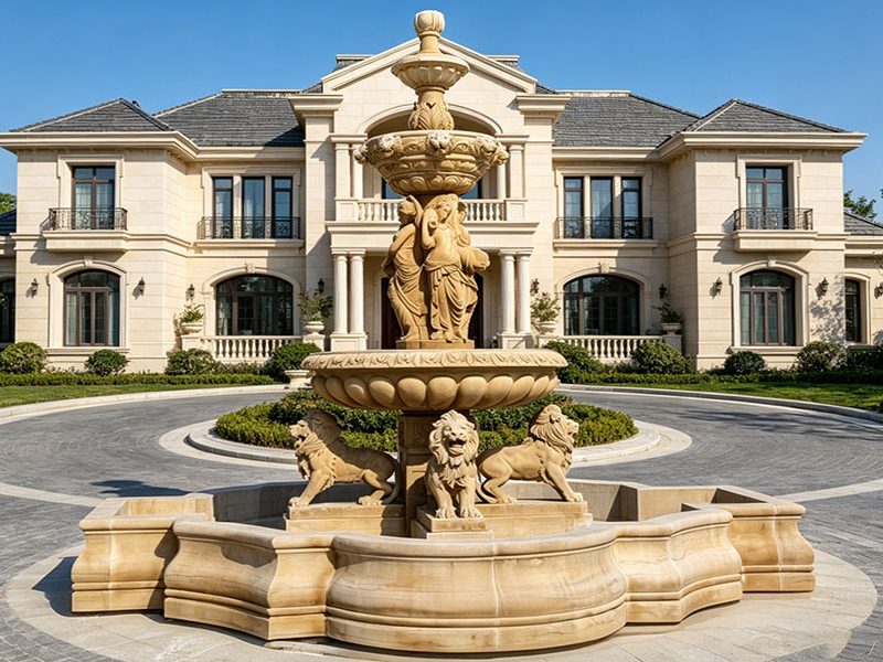 Yellow Marble Waterfall Statue with Lion and Women
