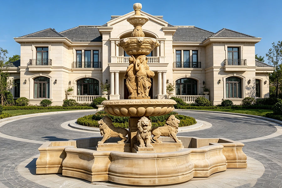 Yellow Marble Waterfall Statue with Lion and Women