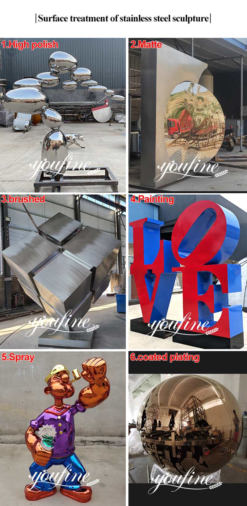 various painted color options for modern mettal sculptures