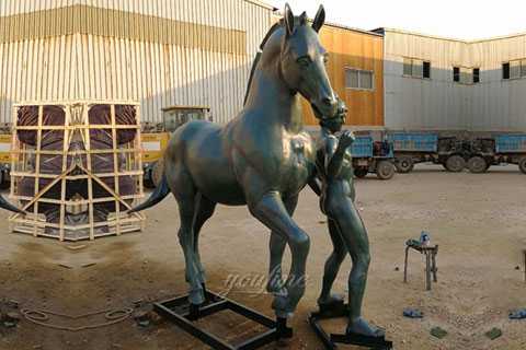 Outdoor life size bronze casting metal standing horse with nude man statues