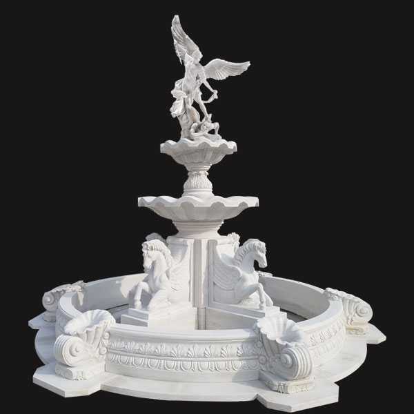 Custom Made Tiered Outdoor Pure White Marble Fountain With Saint Micheal and Horse Statues for Sale