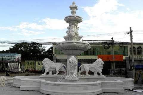 Grand white marble tiered water features with lion statues outdoor decor