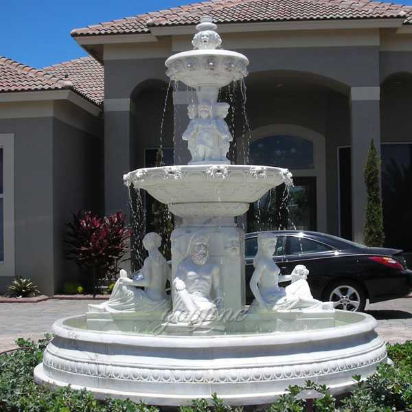 Hand carved 3 tiered pure white marble fountain with figure statues design for sale for front yard decor--MOKK-86