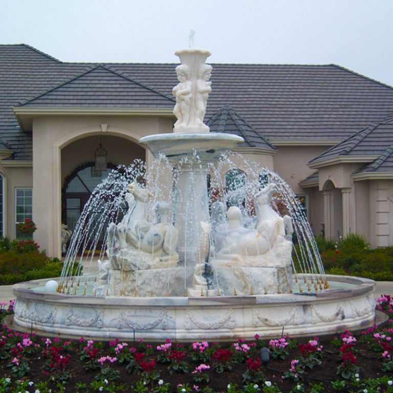Hotel lobby outdoor modern marble tiered water fountains with woman