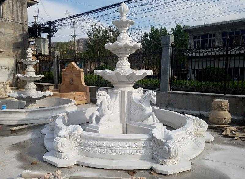 outdoor garden pure white marble tiered two water fountain with horse designs for sale