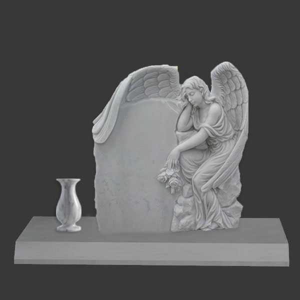 White Marble Angel Tombstone with Flower Pots Made for US Client MOKK-36