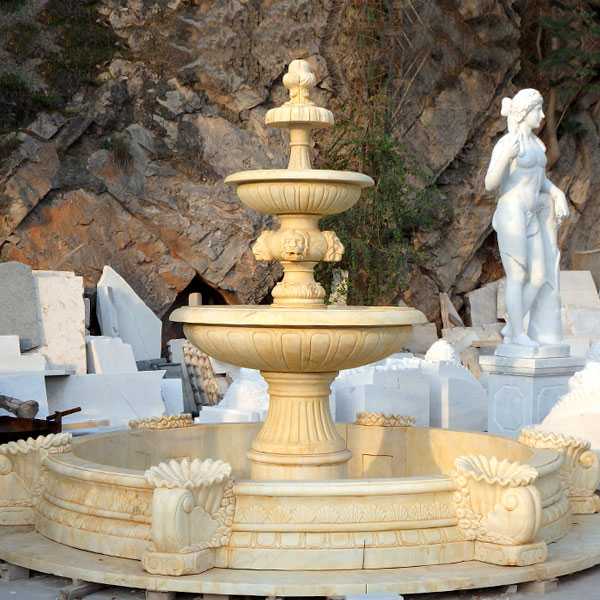 Outdoor hand carved garden life size two tiered pure white marble fountain for backyard decoration for sale