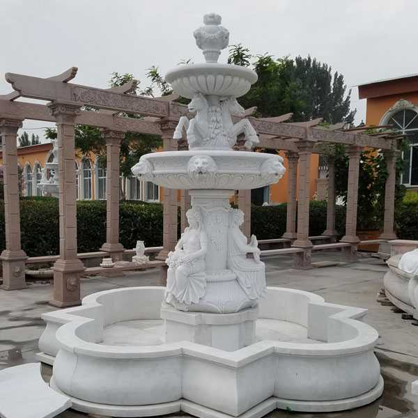 Luxury outdoor pure white two tiered water horse marble fountains with sitting woman statue for backyard decor–MOKK-02