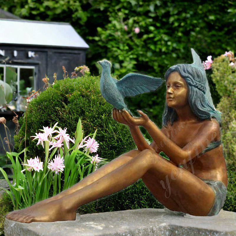 bronze garden angel girl statue with dove