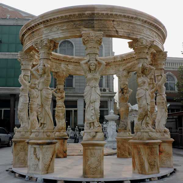 High Quality Yellow Marble Garden Gazebo with Maidens Statues for Backyard & Wedding Ceremony for Sale