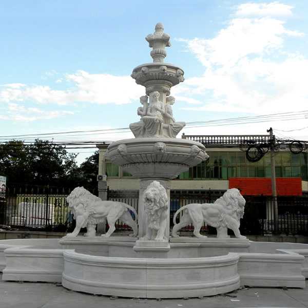 life size cheap two tiered outdoor garden pure white marble fountain with lion and figure statue for sale