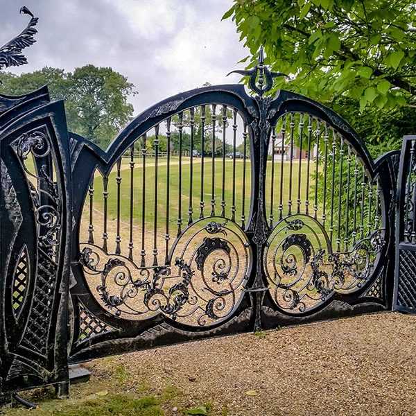 Antique beautiful wrought iron double swing garden gates for sale from China supplier--IOK-185