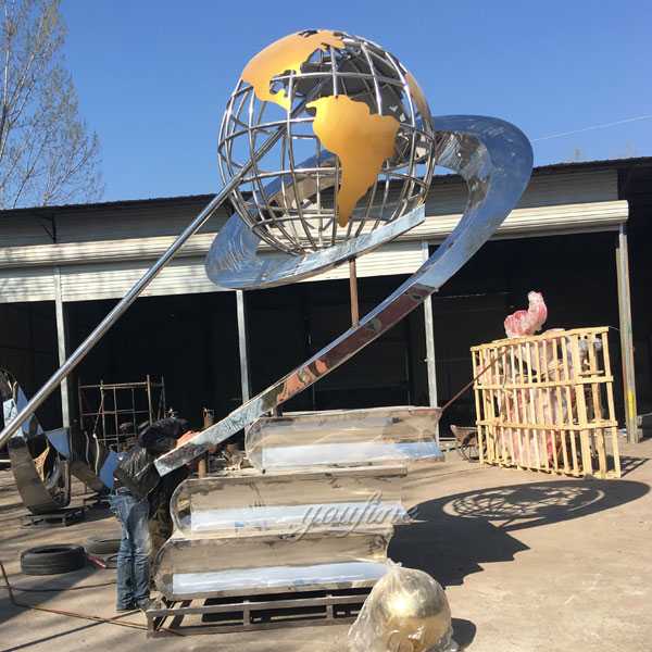 Contemporary Large Polished Stainless Steel Globe Sculpture with Books Designs for Square Decor for Sale CSS-06