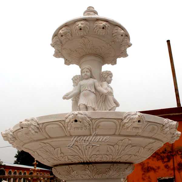 Hand carved 3 tiered pure white marble fountain with figure statues design for sale for front yard decoration--MOKK-86