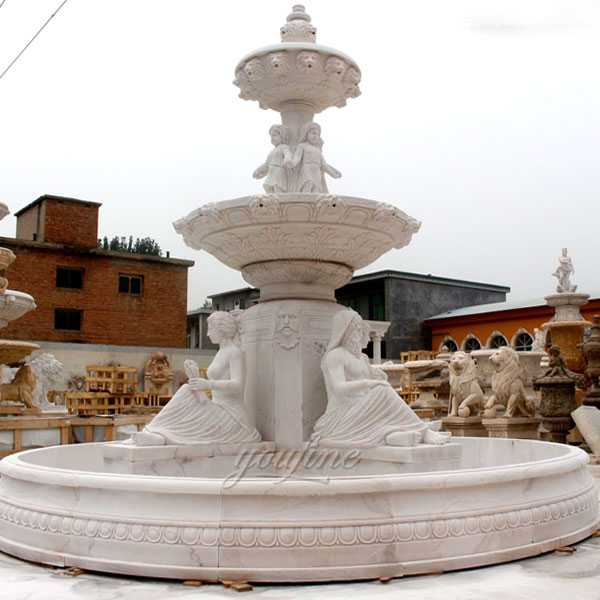 Hand carved 3 tiered yellow marble fountain with figure statues design for sale for front yard decor--MOKK-86