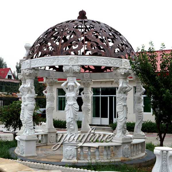 High quality outdoor white marble pergola with maidens gazebo design for yard decor