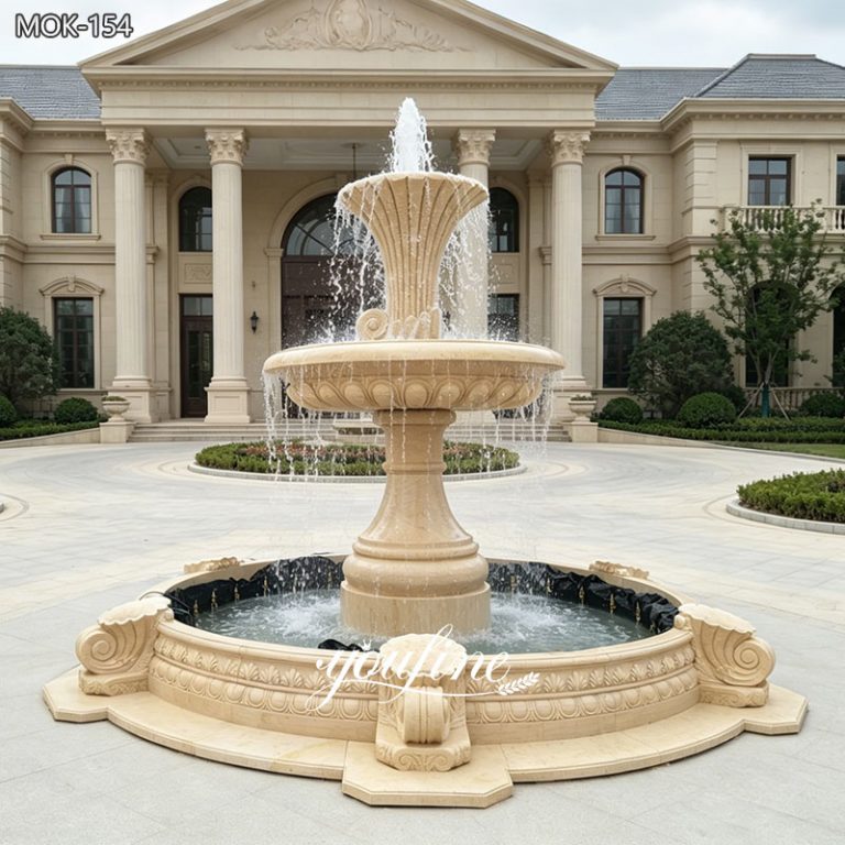 Large Outdoor Tiered Fountain In Classic Beige Marble