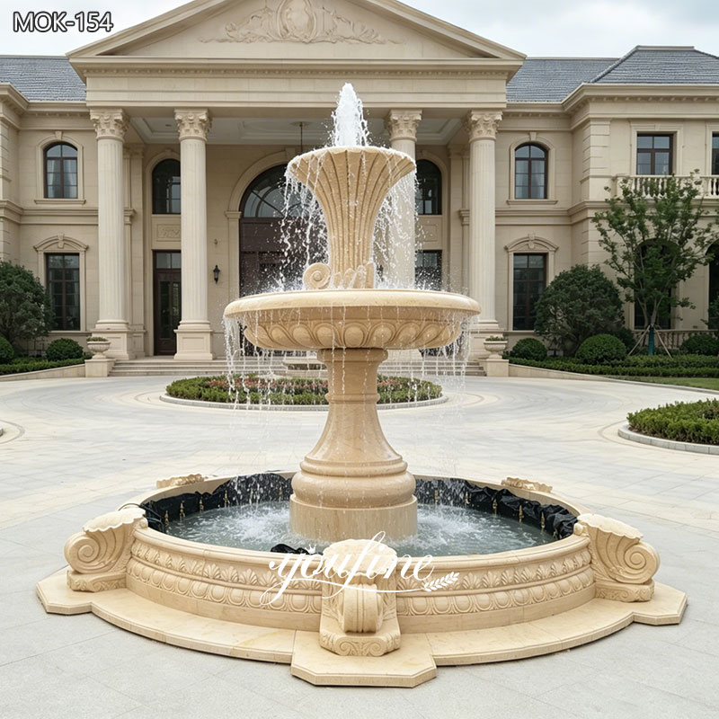 Large Outdoor Tiered Fountain In Classic Beige Marble