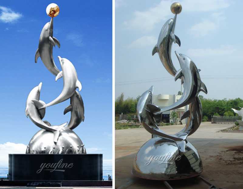 Large outdoor mirror polished metal fish art of stainless steel four dolphins sculpture design for sale