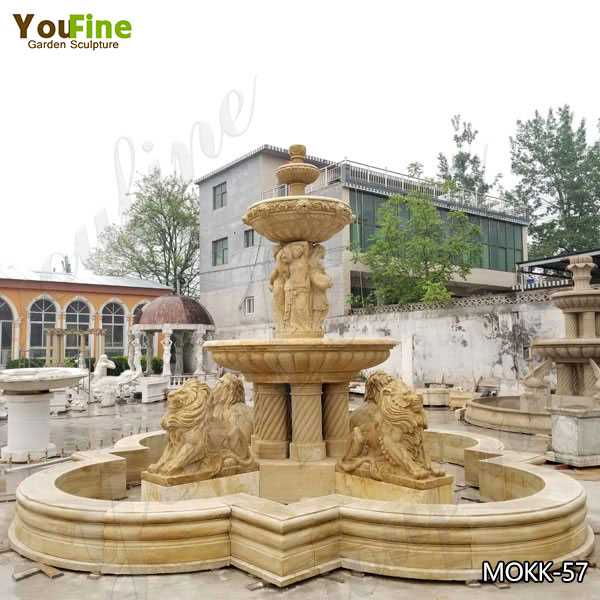 Life Size Yellow Antique Marble Tiered Water Fountain With Lion And Figure Statues