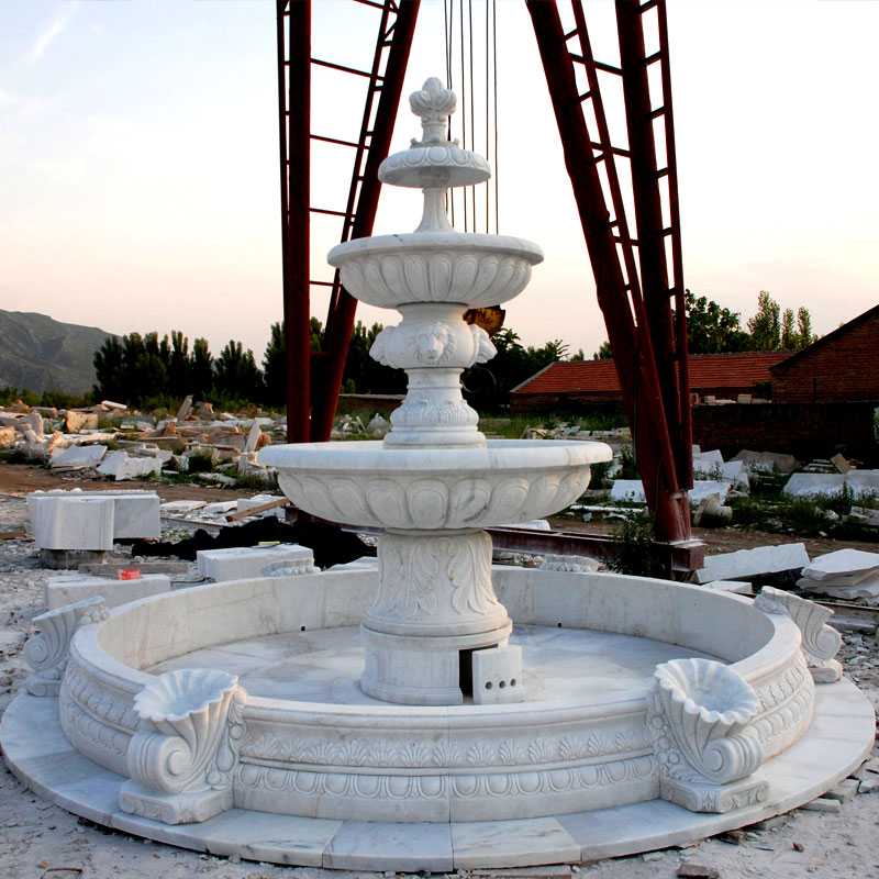 Outdoor hand carved garden life size two tiered pure white marble fountain for backyard decor for sale--MOKK-11