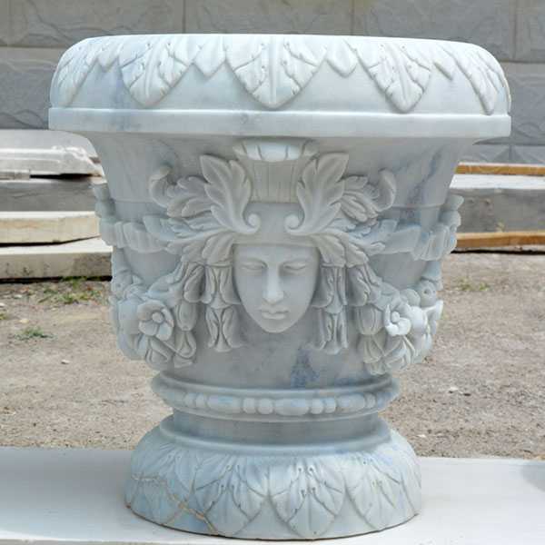 White outdoor garden marble planter with round basin high quality on stock for sale