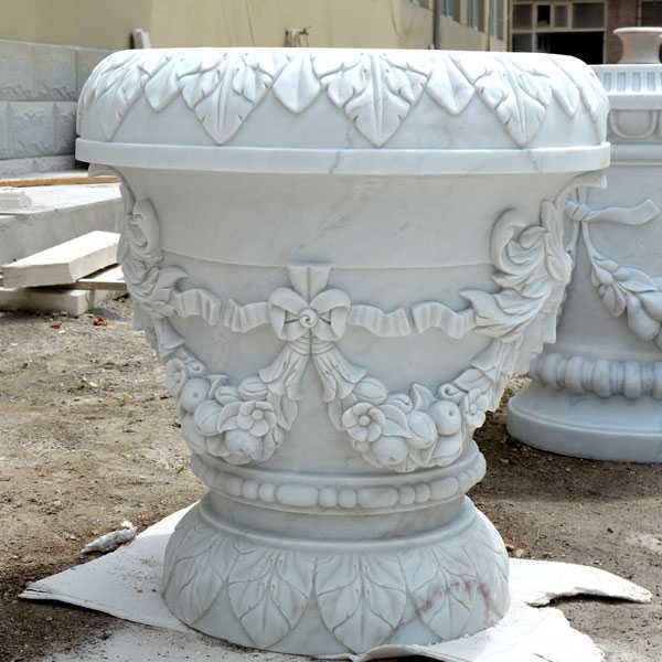 White outdoor garden marble planter with round basin high quality on stock for sales