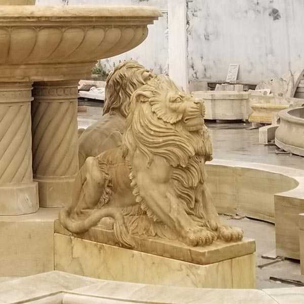 Yellow Antique Marble Tiered Water Fountain With Lions And Figure Statues On Stock For Sale For Front Yard Decor