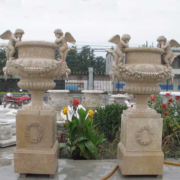 Hand carved outdoor natural marble planter with angel for garden for sale MOKK-52