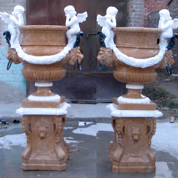 hand carved outdoor natural marble planter with cherub for garden for sales