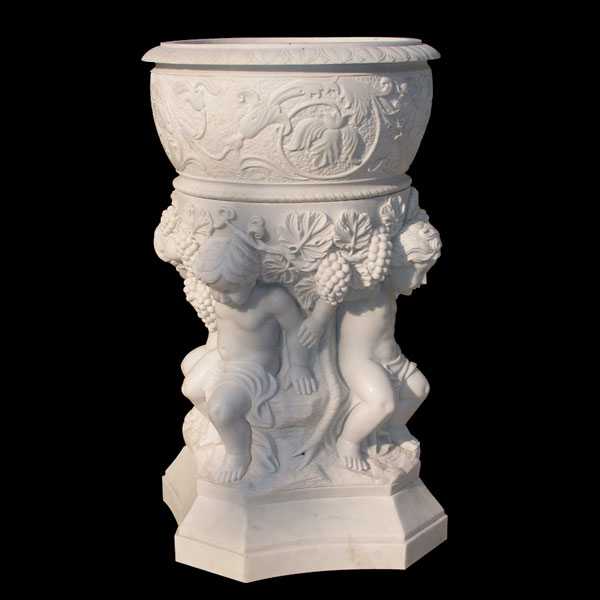 Decorative White Marble Flower Pot with Luxury Child Figures Designs for Sale MOKK-48