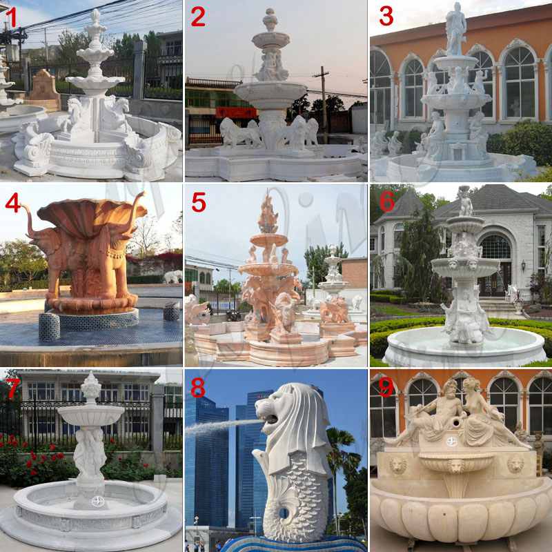 white marble fountain with lion and figure statue