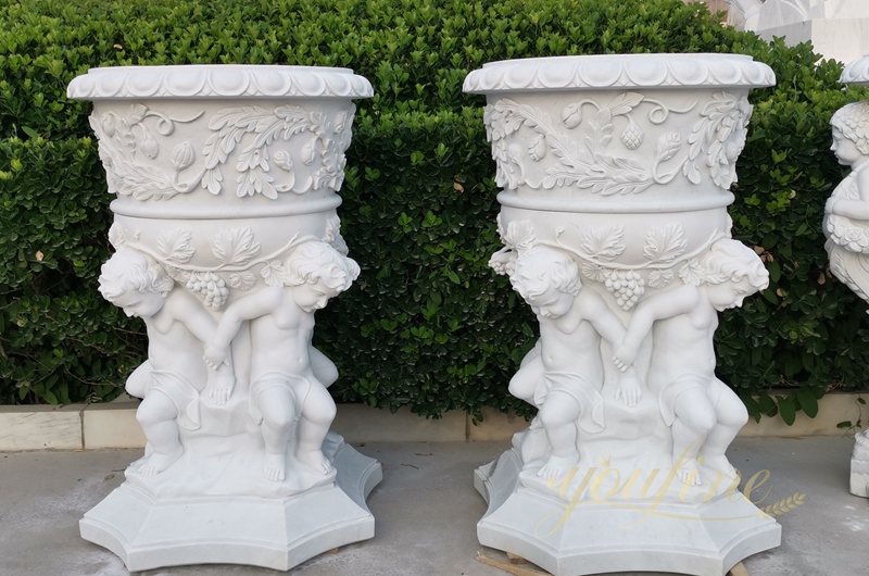 outdoor white natural Marble Flower Pot with Child Statue