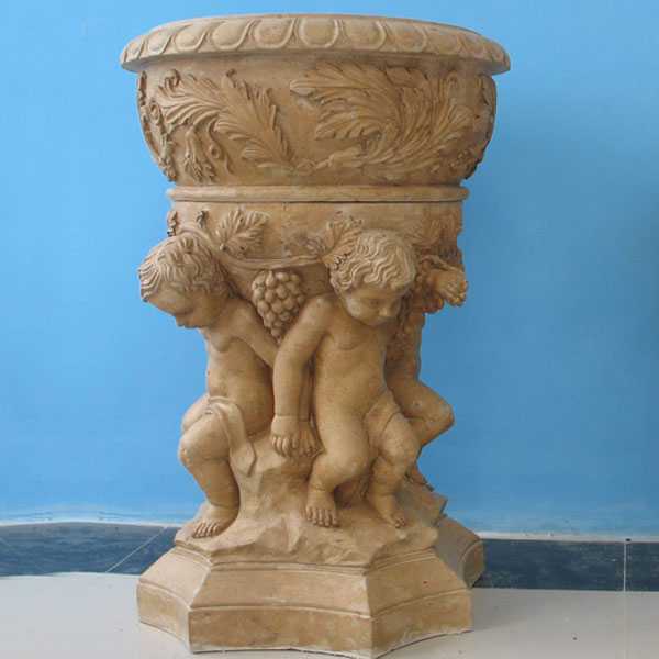 yellow marble flower pot decorative plant pots with luxury child figure designs round basin for sale