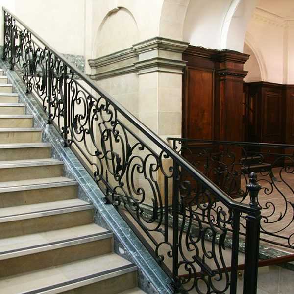 Elegant ornamental wrought iron staircase and handrails design for steps interior for sale–IOK-173